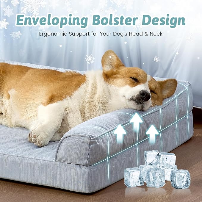 COZY KISS Cooling Dog Bed for Small Dogs, 30"x20" Orthopedic Foam Sofa with Bolster Sides, Q-Max >0.4 Cooling Technology, Cool Pet Bed with Removable Washable Cover, Blue