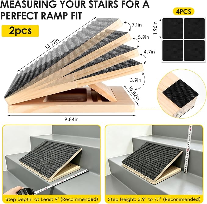 2-Pack Dog Ramp for Stairs, 4 Adjustable Heights (4"-7") Solid Wooden Pet Steps with Anti-Slip Grip & Corner Pads – Senior-Friendly No-Tool Dog Stairs for Bed, Couch & Stairway