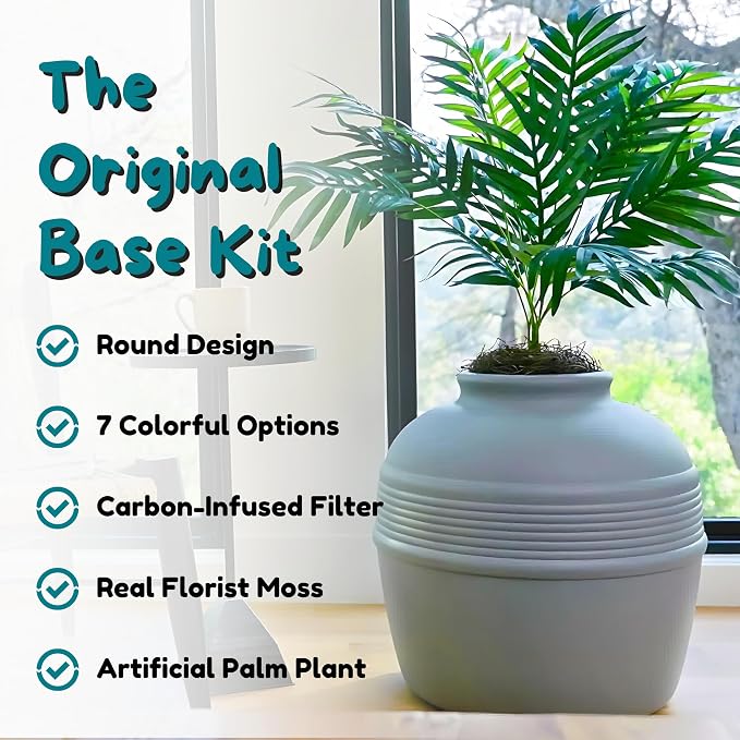 Good Pet Stuff Original Hidden Litter Box Planter, Decorative Cat Litter Enclosure, Carbon Filter, Faux Plant, Round Design, Easy to Clean, Base Kit, Palm Plant, Pebble Gray