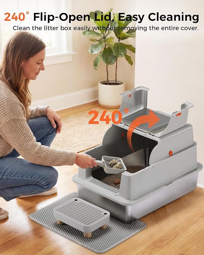 XXXL Stainless Steel Cat Litter Box with Lid, 27.5"×20.1"×17.3" Jumbo Enclosed Litterbox,Dual-Entry (Front Entry & Top Exit),High-Sided,Non-Stick,Odor Control,for Big Cats, with Mat,Scoop & Step,Grey