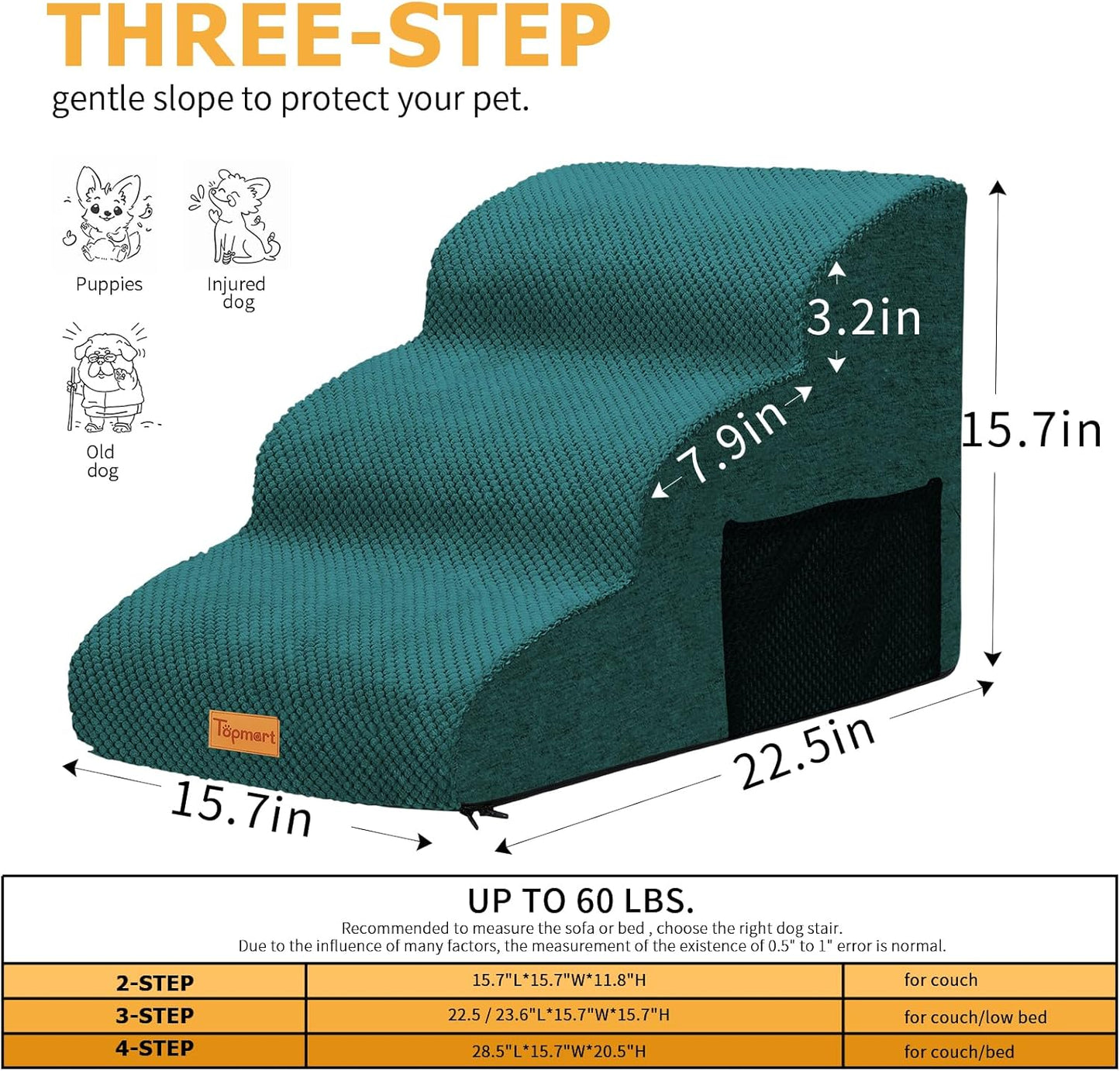 Topmart 3 Tiers Foam Dog Ramps/Steps,Non-Slip Pet Steps,Extra Wide Deep Dog Stairs,High Density Foam Pet Stairs/Ladder,Best for Older Dogs,Cats,Small Pets