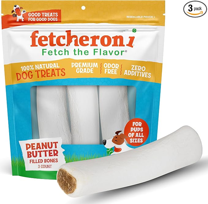 Dog Treats - Stuffed Shin Bones, Dental Chews for Dogs, Long Lasting Dog Bones, High Protein Chews with Peanut Butter Flavor for Small, Medium, and Large Dogs, Natural - 6 oz (Pack of 3)