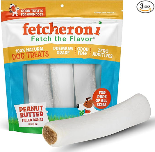 Dog Treats - Stuffed Shin Bones, Dental Chews for Dogs, Long Lasting Dog Bones, High Protein Chews with Peanut Butter Flavor for Small, Medium, and Large Dogs, Natural - 6 oz (Pack of 3)