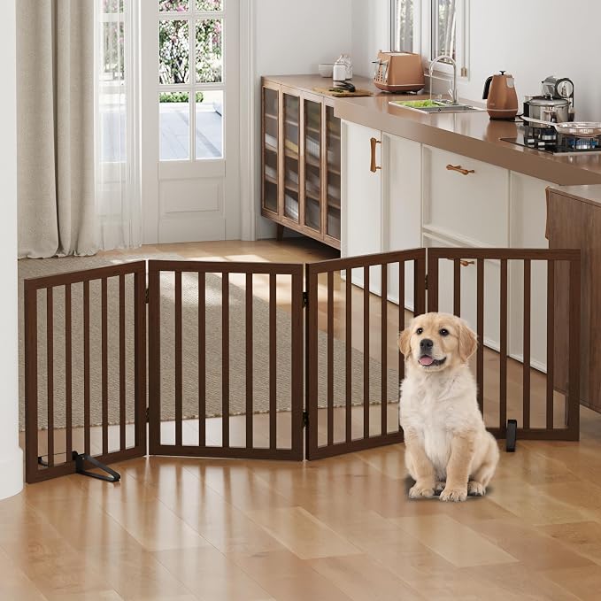Dog Gates for Doorways, Freestanding Foldable Dog Gate Indoor, Pet Gates for Doorways Bedroom, Puppy Gate with Metal Support Feet, 4 Panels (Rustic tan)
