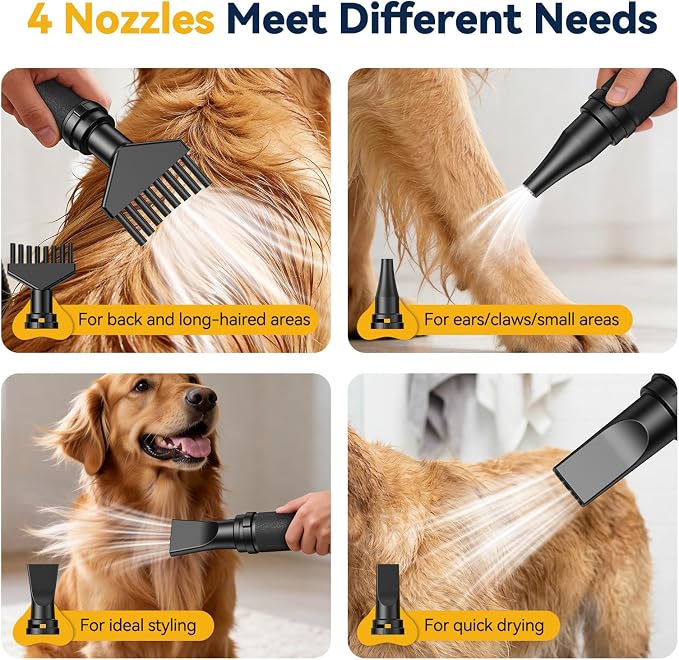 Dog Dryer, 2800W Dog Hair Dryer with Adjustable Speed and Heater, Professional Dog Blow Dryer with 4 Nozzles