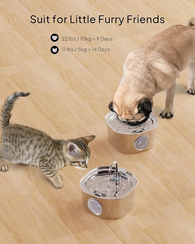 PEKTACO Stainless Steel Cat Water Fountain, 3.2L/108oz Cat Water Dispenser with Quiet Water Pump, Dishwasher Safe Pet Drinking Fountain for Cats with 6 Filters + 6 Sponges