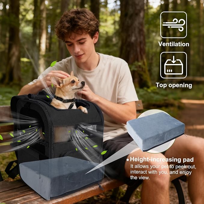 Dog Carrier Backpack for Small Dogs - Breathable Mesh Hiking Bag with Safety Buckle, Adjustable Straps and Elevated Pad - Durable for Hiking (Fits Small Cats Too, Up to 17lbs, Black)