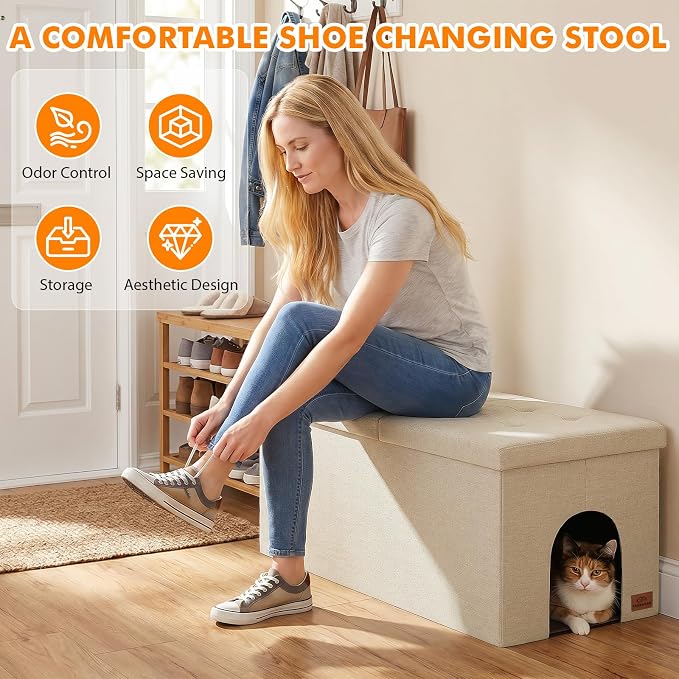 Zerbuger 3-in-1 Cat Litter Box Enclosure for Odor Control, Hidden Litter Box Furniture Cabinet Ottoman with Flip-Up Lid, Multi-Functional Bench with Storage Footrest, Dog Proof (Cream, X-Large)