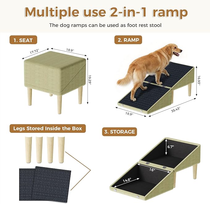 3-in-1 Dog Ramp Pet Stairs 18.9"x17.72"x19.29" with Hidden Storage Ottoman, Anti-Slip Steps for Small, Medium, Large, Senior & Injured Pets, 220LBS for Bed & Sofa, Green