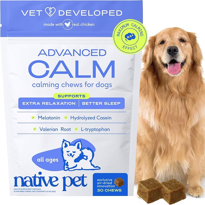 Native Pet Advanced Calming Chews for Dogs - Anxiety Relief, Stress, Separation, Travel & Sleep Support with Melatonin for Dogs, Hydrolyzed Casein, Valerian Root & L-Tryptophan -30 Chews