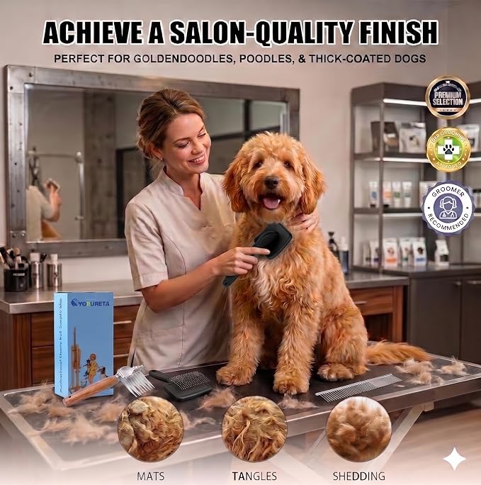 Large Slicker Brush for Dogs - Long Pin Deshedding Brush for Mats & Shedding on Long Haired Dogs, Doodles, Poodles, Goldendoodle, Labradoodle, 3pc Grooming Kits with Wooden Handle, Black