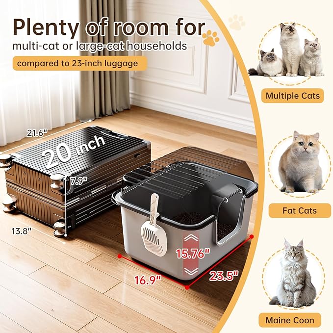 Oneluck Large Cat Litter Box with Lid and Sifting Mat, 24 Inch High Sided Enclosed Cat Litterbox for Indoor Cats, Translucent Hooded Design for Easy Cleaning, Extra Thick Plastic