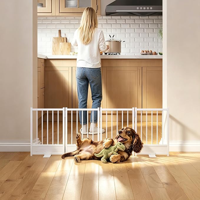 Reinforced Base Small Dog Gate, 48x15.7Inch No Drill Foldable Pet Fence, White Heavy Duty Puppy Barrier for Doorways, Modern Step-Over Metal Dog Gate for House, Anti-Tip Smooth Panel, Holds 200+ lb