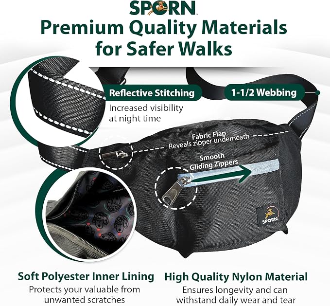 Sporn Sling-to-Belt Dog Training Treat Pouch, Breathable Double-Stiched Dog Treat Bags Training Pouch, Crossbody Dog Fanny Pack for Walking, Hiking, & Running, Supports 200+ Lbs, Black