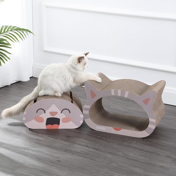CSR1000A Opal 19" Modern Cardboard Happy Cat Head 2-in-1 Cat Cave Scratcher with Built-in Bell Toys and Catnip, Muted Pink/Cream