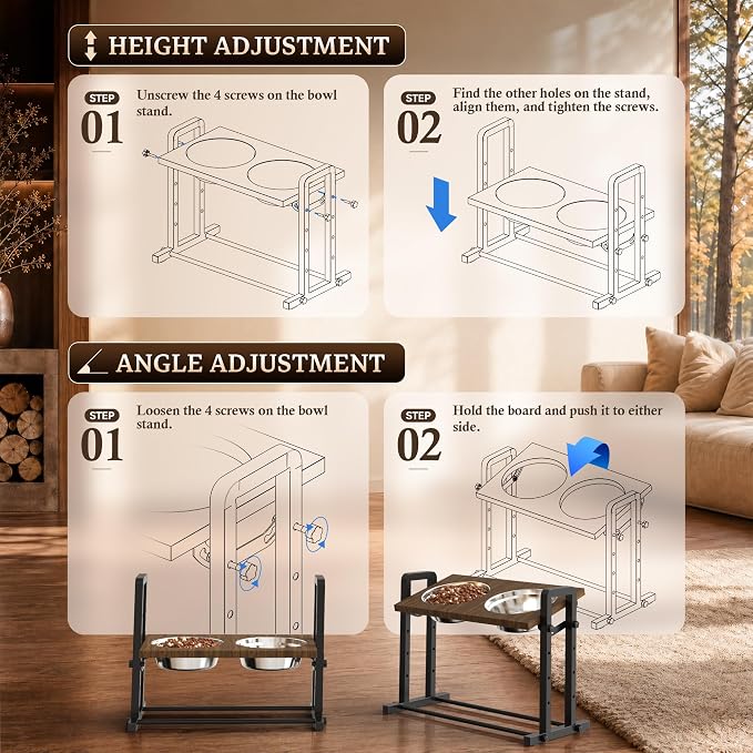 CZPET Elevated Dog Bowls Tilted Platform (0°, 7.5°, 15°), Height Adjustable Dog Bowl Stand, Stable&Sturdy Metal Raised Dog Feeding Station, 2L Large Stainless Steel Bowls for Large Medium Small Dogs