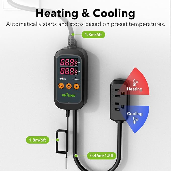 BN-LINK Smart WiFi Digital Temperature Controller Heating Cooling, Works with Alexa and Google Home. For Reptiles Aquarium Carboy Homebrew Breeding Fermenter Seed Germination °C/°F -40-176°F 15A/1875W