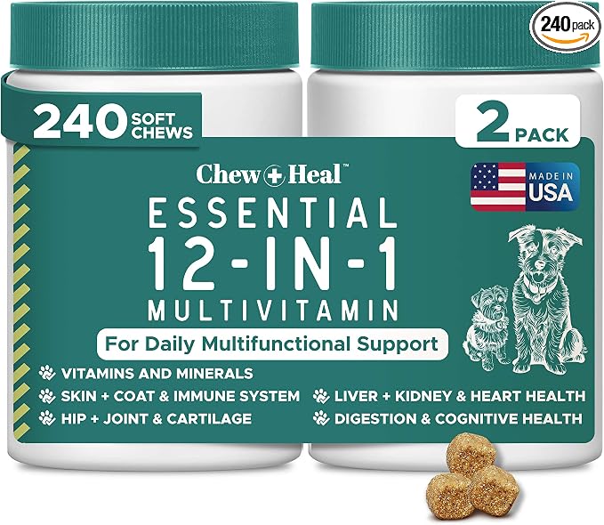 12-in-1 Multivitamin for Dogs - 240 Puppy and Senior Dog Vitamin and Supplement Soft Chews for Hip and Joint - Advanced Formula with Glucosamine, Omega 3,6,9, Vitamins, Probiotics, and More