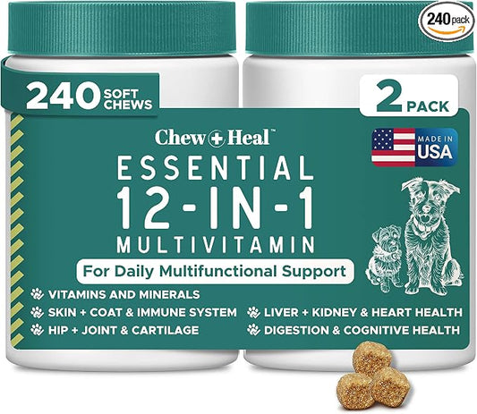 12-in-1 Multivitamin for Dogs - 240 Puppy and Senior Dog Vitamin and Supplement Soft Chews for Hip and Joint - Advanced Formula with Glucosamine, Omega 3,6,9, Vitamins, Probiotics, and More