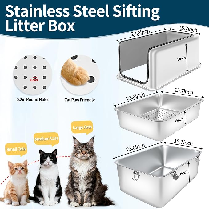 Stainless Steel Cat Litter Box, 23.6" L x 15.7" W x 12" H Extra Large XXL Semi Enclosed Removable Metal Litter Box with High Sided Enclosure, Scoop, Non-Sticky, Easy Cleaning