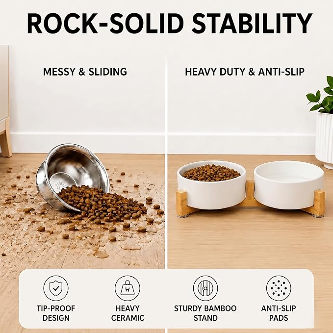 SPUNKYJUNKY Ceramic Dog and Cat Bowl with Wood Stand Non-Slip Matte Glaze Weighted Food Water Set for Cats &Small Dogs 13.5 OZ