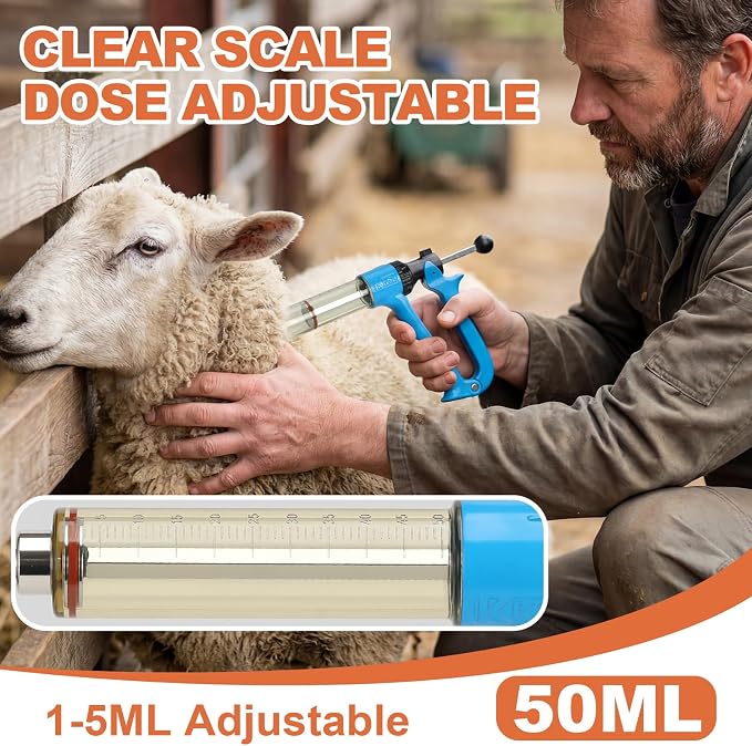 50ml Semi-Auto Repeating Livestock Syringe Gun, 5 Dose Settings | Ergonomic Grip, Clear Barrel & Luer Lock, Vet Injector for Cattle, Horses, Goats, Sheep & Pigs
