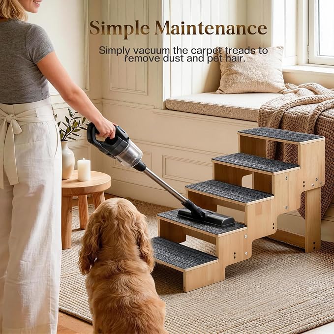 5-Step Wooden Dog Steps for Bed, Anti-Slip Dog Stairs with Carpet Pads, 23.6 Inches Pet Ramp for Dogs to Get on Bed, Pet Stairs for Old & Senior Dogs/Cats, Pet Steps Ladder for High Beds/Couch Sofa