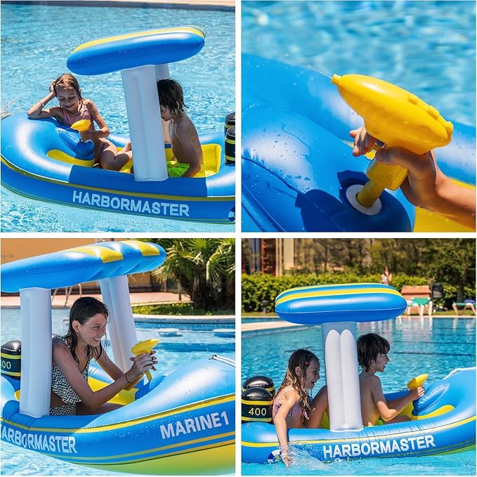 Police Boat Inflatable Pool Floats Kids, Toddler Harbor Master Police Patrol Inflatable Boat Pool Float Ride On, Fun Water Toy Squirter Pool Toy, Police & Fire Rescue Theme Pool Raft for Boys, Girl
