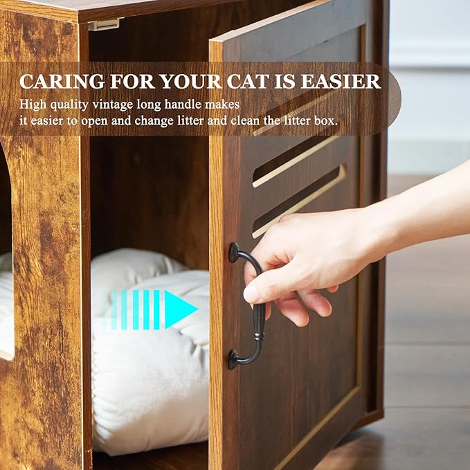 Corner Cat Litter Box Enclosure, 31.5" Hidden Litter Box Furniture for 2 Cats, Indoor Cat House End Table with Double Room, Vintage Brown