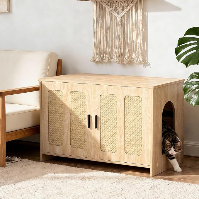 HOOBRO Farmhouse Cat Litter Box Enclosure, Hidden Litter Box Furniture with Side Entry & Vents, Litter Box Cabinet with Double Woven Doors, Side Table for Living Room, Bedroom, Natural NL33MW01