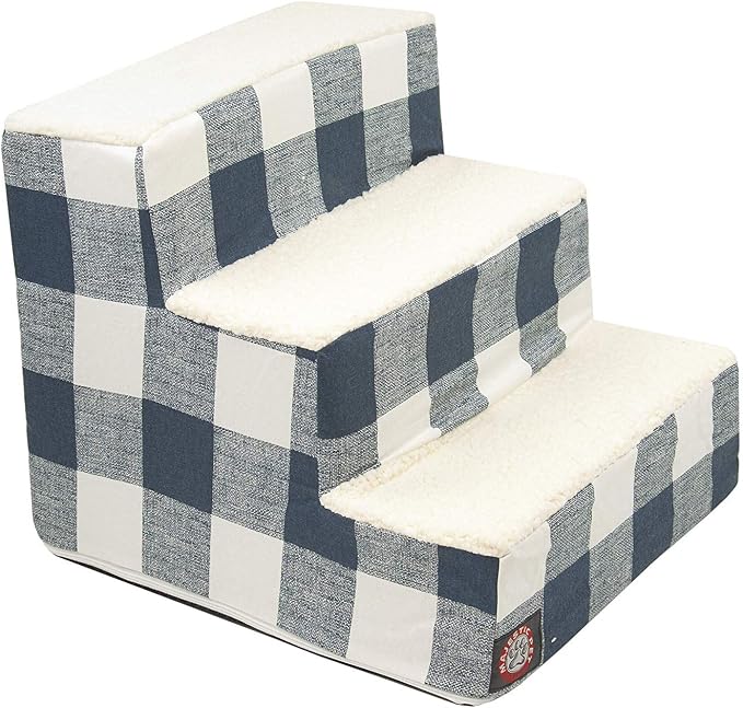 Majestic Pet 3 Step Portable Dog Stairs for Small Dogs to get on Bed Supports 250 lbs or Less – Dog Steps for High Bed with Machine Washable Cover –Pet Stairs for Cats Anderson Check Navy Blue