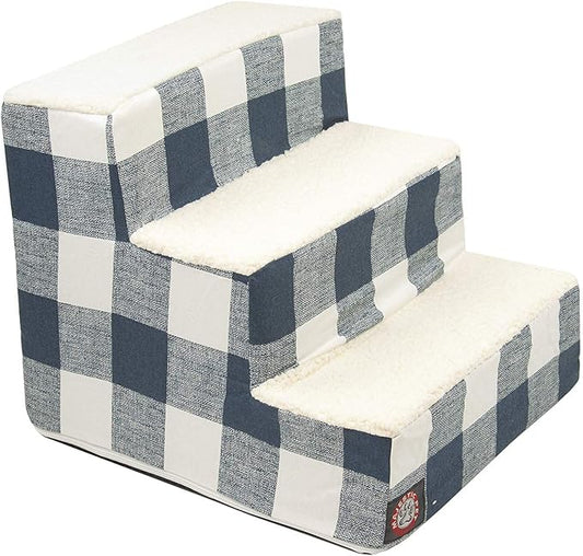 Majestic Pet 3 Step Portable Dog Stairs for Small Dogs to get on Bed Supports 250 lbs or Less – Dog Steps for High Bed with Machine Washable Cover –Pet Stairs for Cats Anderson Check Navy Blue