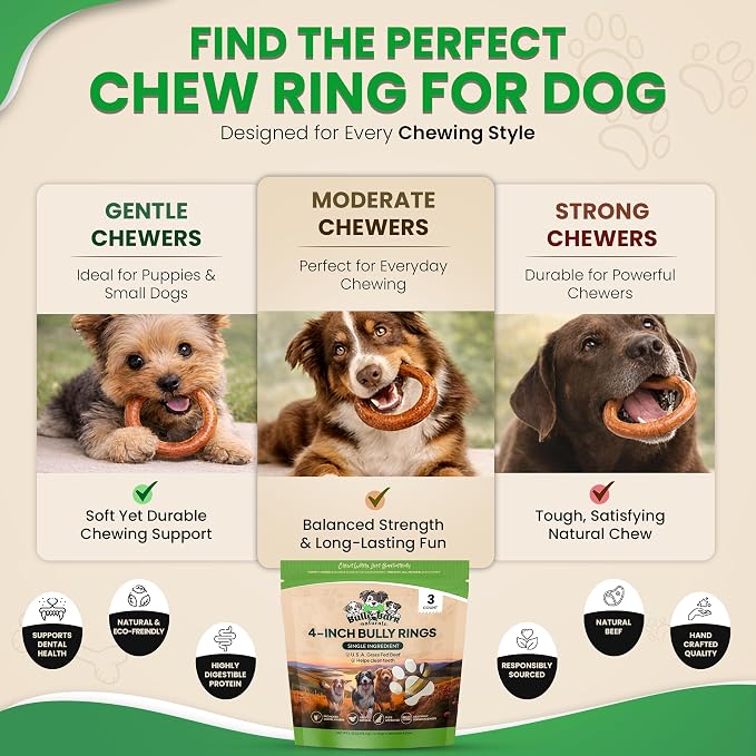 Odor Free 4” Bully Stick Rings for Dogs - 3 Count - 100% Natural Grass-Fed Beef Pizzle Rings, High Protein, Fully Digestible Rawhide-Free Thick Chews, Long Lasting Bully Rings