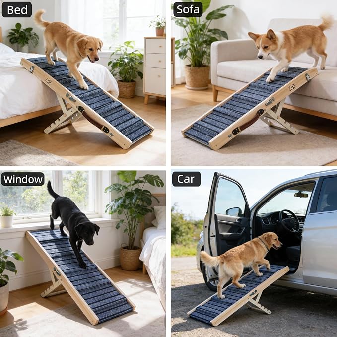 ZJSF Foldable Wooden Dog Ramp for High Bed, Dog Stairs for Small Dogs, High Traction Platform with 4 Adjustable Heights (14"-19.7"), 33" L, Supports up to 70 lbs