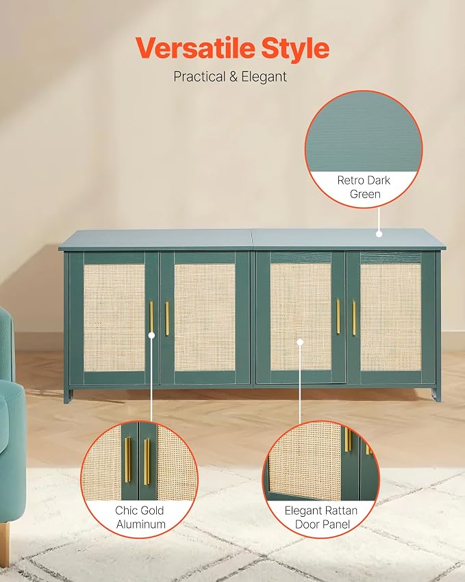VEVOR Cat Litter Box Enclosure for Multi Cats, 47.2 in Hidden Litter Box Cabinet with 4 Rattan Doors & 2 Entries, Indoor Cat Washroom, Wooden Kitty House Furniture, Fit Most Litterboxes, Green
