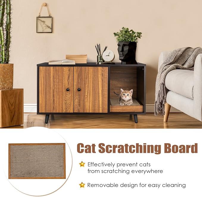 Tangkula Cat Litter Box Enclosure, Cat Washroom W/Divider, Scratching Pad, Metal Leg, Enclosed Cat Box Cabinet Pet House W/Double Doors, Litter Box Furniture Hidden for Large Cat (Walnut & Black)