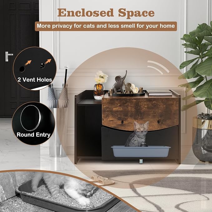 PETSITE Cat Litter Box Enclosure w/Pull-Out Drawer, Hidden Cat Washroom Furniture w/Flip Door, Rolling Caster, Indoor Cat House for Small to Large Sized Cats, Wooden Pet House Side Cabinet