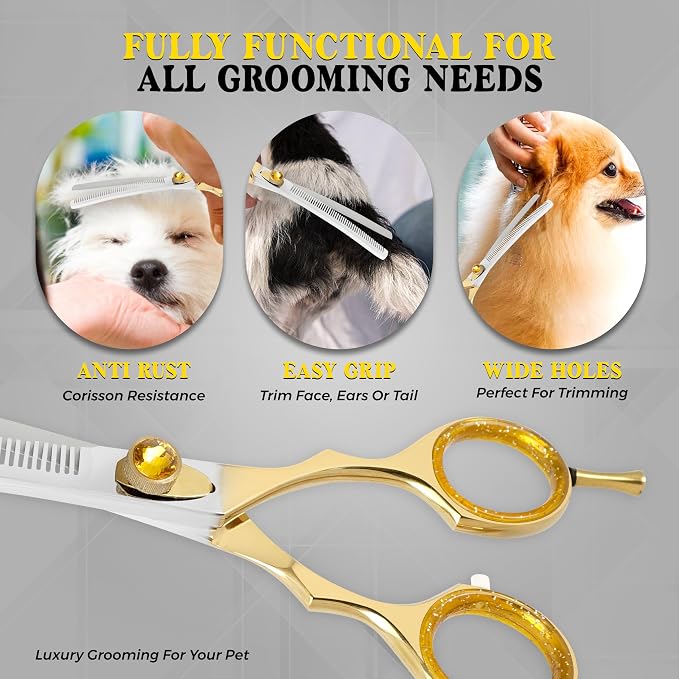 7.5” Curved Thinning Shears for Dogs and Cats – 34 Tooth Professional Pet Grooming Scissors – Smooth, Quiet Blending Shears for Face, Ears, Chest and Legs, Ergonomic Design for Home and Pro Use