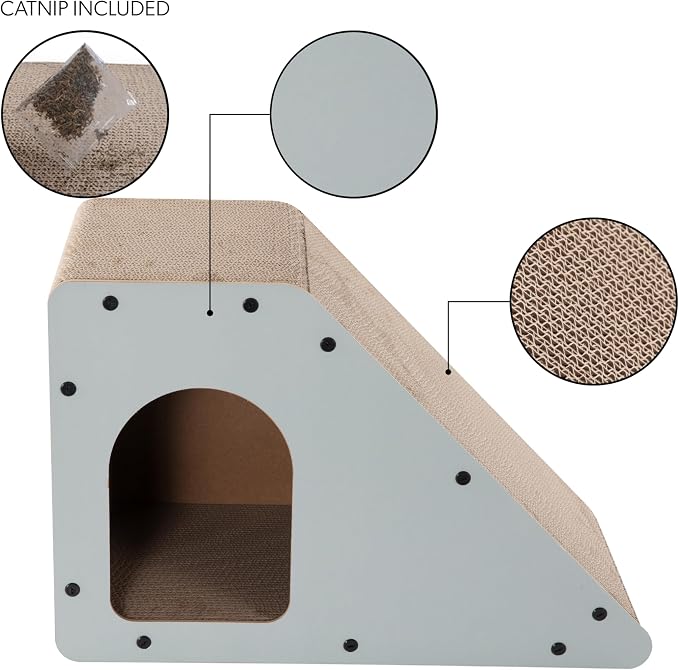 Kento 23.63" Modern Cardboard Cat Cave Scratcher with Catnip, Angled Trapezoid Hideaway House and Scratching Lounge for Indoor Cats, Gray CSR1008H