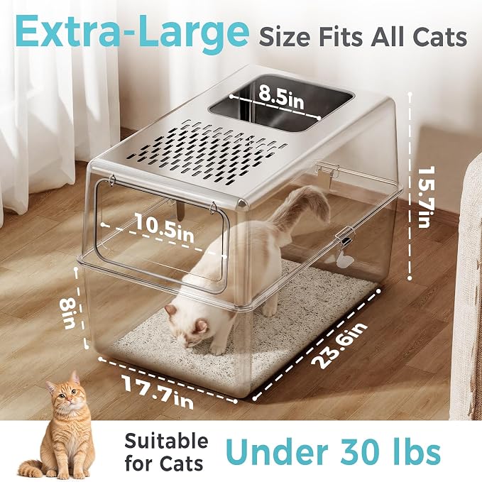 Extra Large Enclosed Stainless Steel Litter Box with Lid, 23.6"x17.7"x15.7" High Sided Metal Cat Litter Box for Indoor Cats, Covered Dog Proof Kitty Litter Pan, Odor Free, Non Sticky, XL