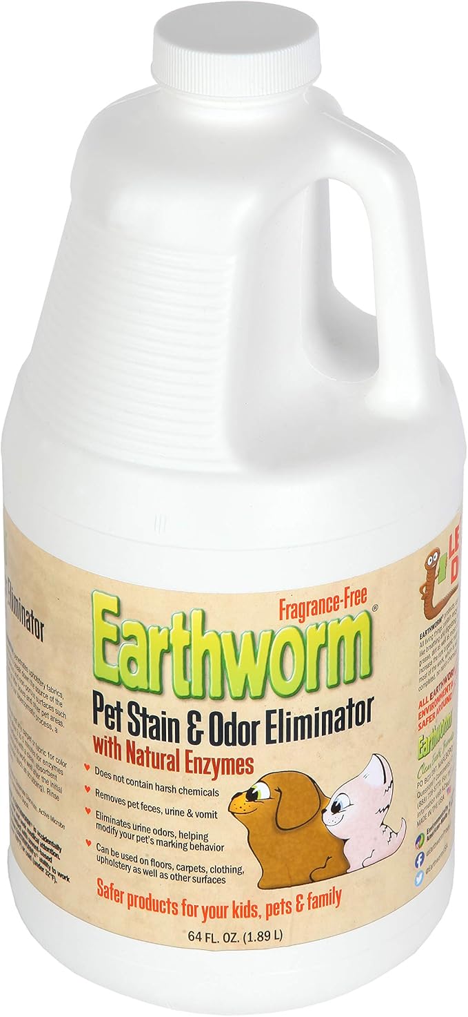 Earthworm Pet Stain Remover & Odor Eliminator- Removes Urine Smell with Natural Enzyme Formula, Fragrance Free Spray - 64 oz