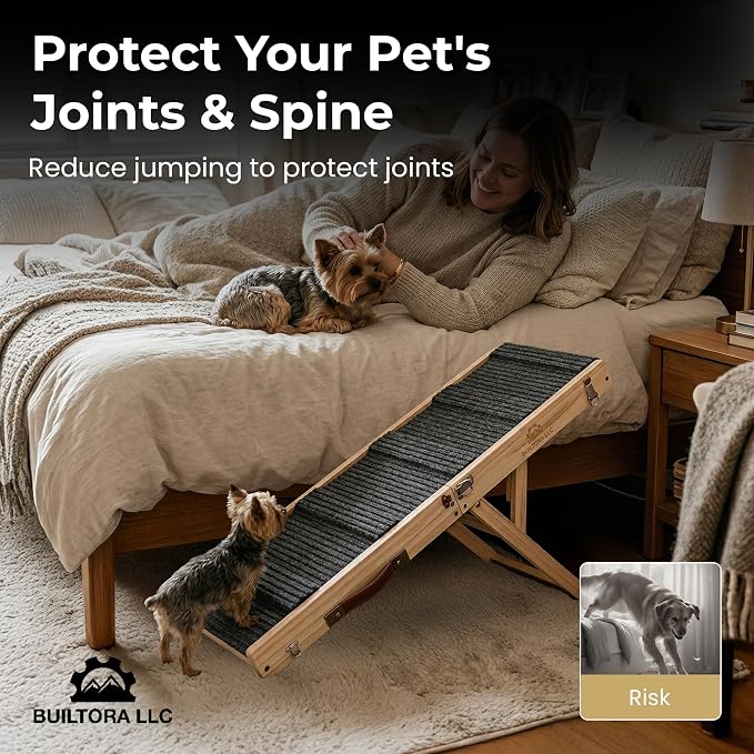 Dog Ramp for Bed & Couch, Foldable 4 Adjustable Dog Stairs for Small & Medium Dogs, Non-Slip Carpet Surface, Solid Pine Wood Dog Ramp for High Bed Sofa, Portable Dog Steps for Bed