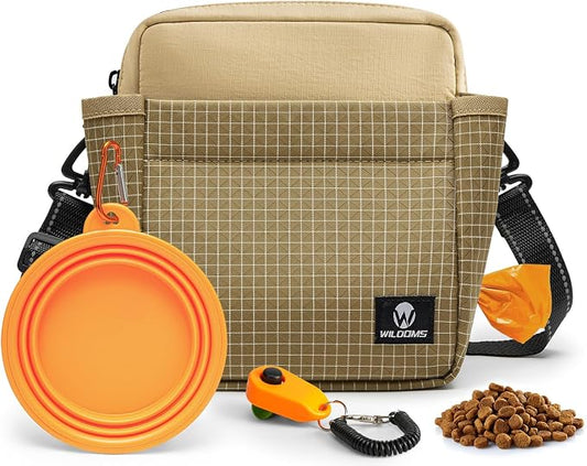 Dog Training Treat Pouch, Magnetic Fanny Pack for Walking, Crossbody Dog Walking Bag with Poop Bag Dispenser, Clicker & Collapsible Bowl - Khaki