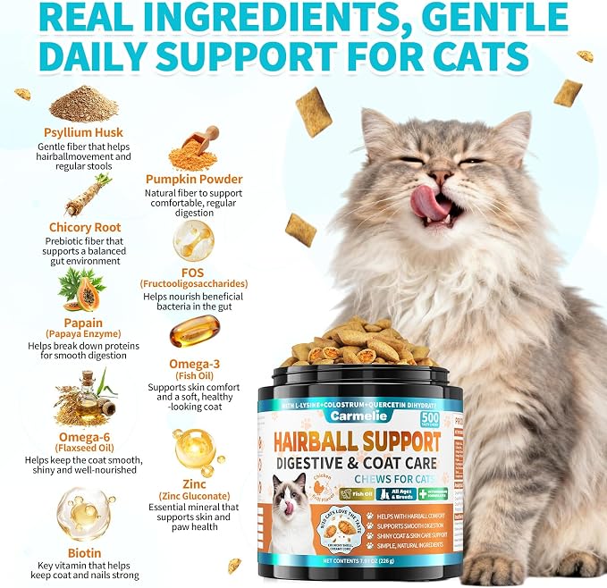 Hairball Treatment for Cats – 500 Crunchy & Creamy Hairball Treats for Cats – Indoor Feline Digestion Formula for Hairball Control, Cat Hairball Remedy & Digestive Support, Chicken & Krill Flavor