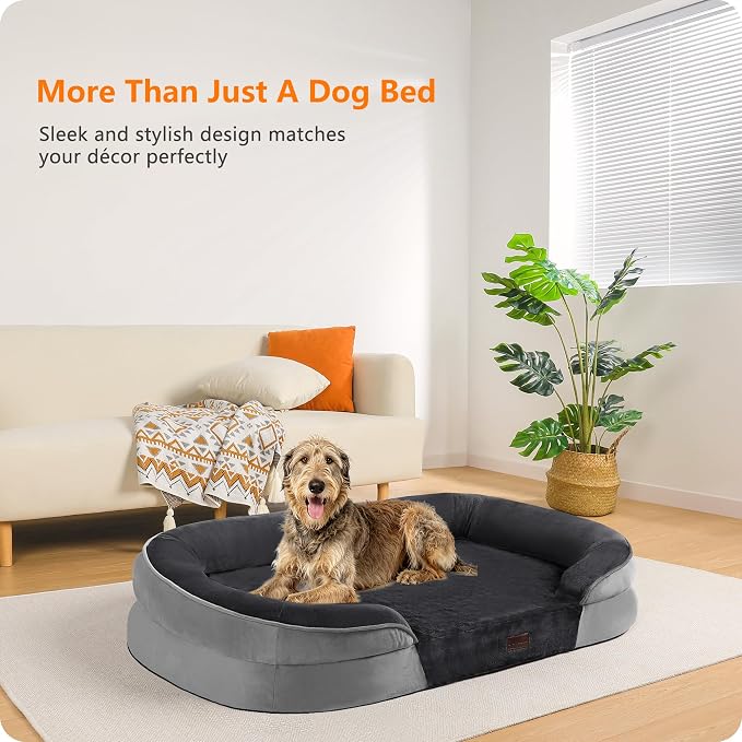 Dwanton Orthopedic Dog Bed for Extra Extra Large Dogs with Gel Memory Foam, Waterproof Dog Sofa, Washable Pet Bed with Four Sided Bolster Cushion, Removable Cover & Non-Slip Bottom, 53", Dark Grey