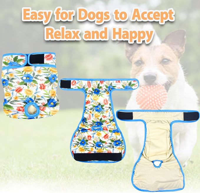 Langsprit Washable Female Dog Diapers (3 Pack) - No Leak Reusable Diapers for Doggy Female in Period - Highly Absorbent Dog Heat Panties with Adjustable Snaps (Floral, Large)