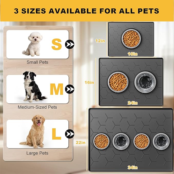 Pieviev 24''x16'' Dog Cat Food Bowl Mat, Silicone Waterproof Food Grade Pet Food Mat for Floor, High Raised Edge to Prevent Spills, Non-Slip & Easy Clean Pet Placemat for Dog & Cat Bowls, Black
