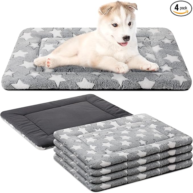 VitalCozy 4 Pcs Dog Crate Pads, Ultra Soft Warm Washable Anti-Slip Kennel Bed Mat for Pets, Reversible, Replaceable, Cage Liner for Small Medium Large Dogs and Cats (18 x 24 x 1.6 Inch,Star,Gray)