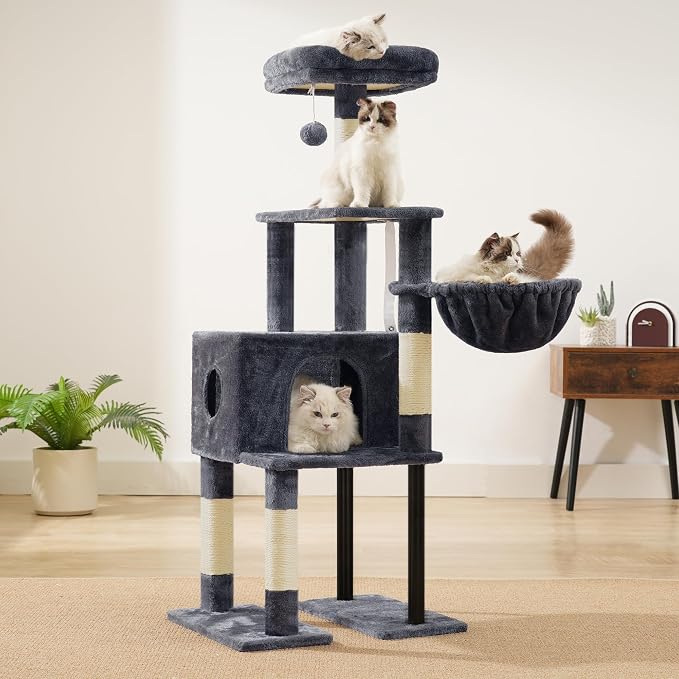Heybly Cat Tree, 49.2 Inches Cat Tower for Indoor Cats, Spacious Cat House Condo with Hidden Space，Sturdy Steel Tube，Soft Plush Top Perch，Cozy Hammock and Sisal Scratching Posts, Smoky Gray HCT200SG