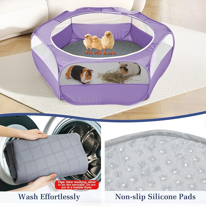 2-in-1 Small Animals Playpen with Pad, Waterproof Small Pet Cage Tent with Reusable Pad, Portable Outdoor Yard Fence with 3 Metal Rod for Chick/Kitten/Puppy/Guinea Pig/Rabbits/Chinchillas, Purple+Gray